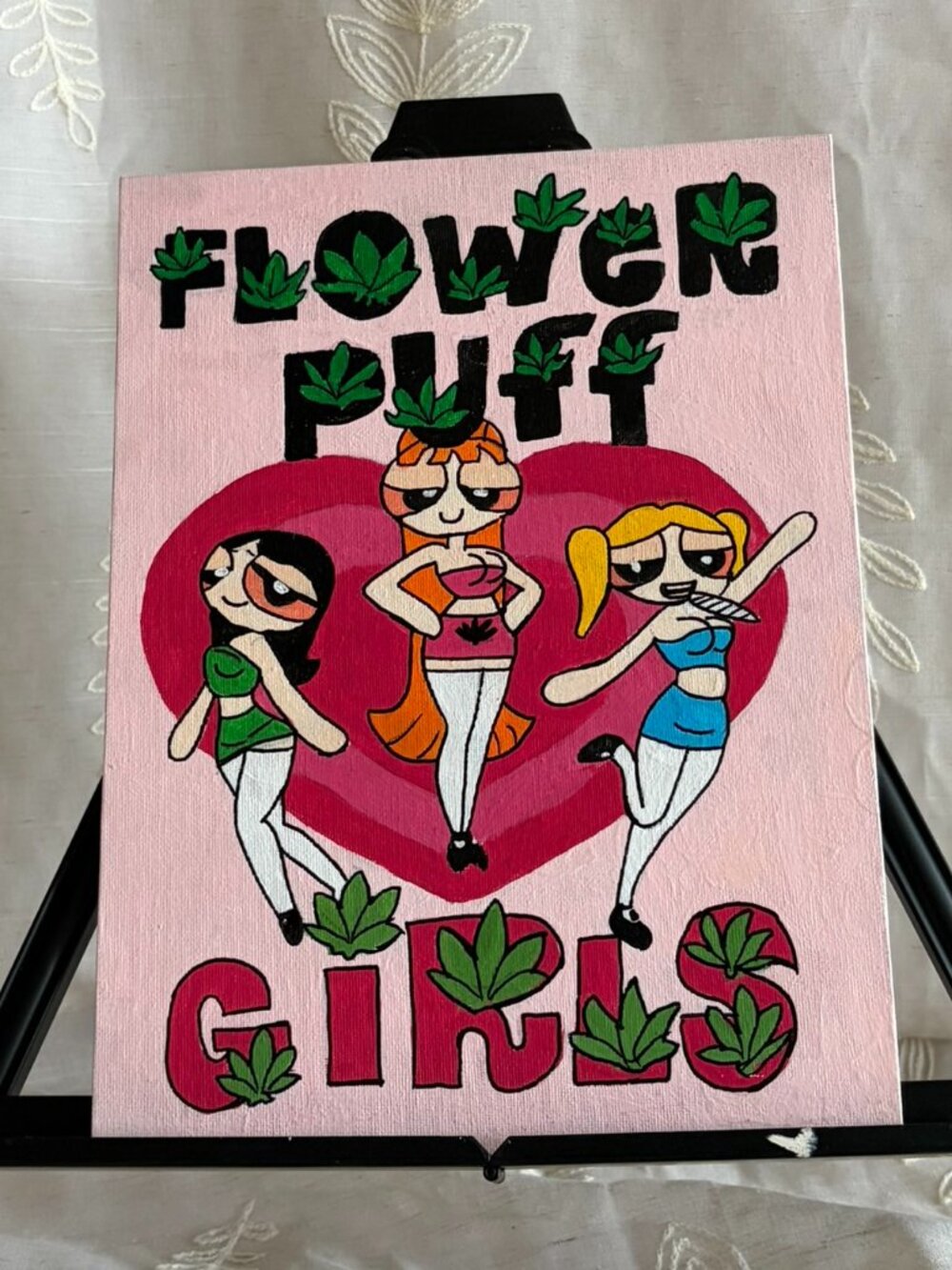 Hand Painted Flower Puff Girls Parody Canvas 9x12
